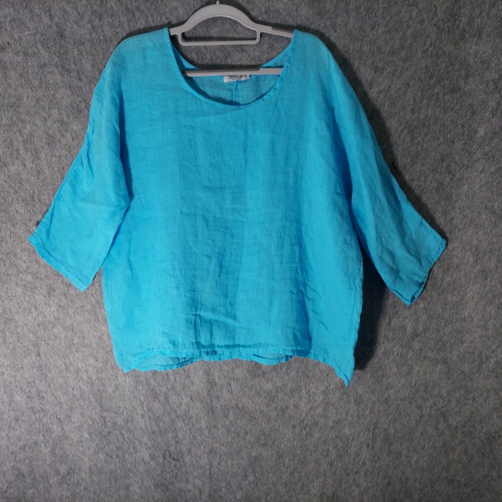 Puro Lino Women 100% Linen Tunic L Blue Coastal Made in Italy Boxy Breathable